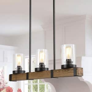 3-Light Rustic Farmhouse Black Pendant Modern Solid Wood Linear Island Chandelier with Seeded Glass Shades