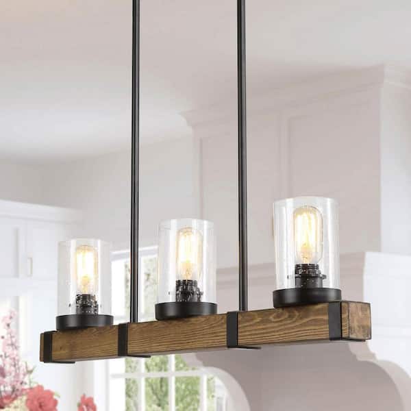 LNC 3-Light Rustic Farmhouse Black Pendant Modern Solid Wood Linear Island Chandelier with Seeded Glass Shades