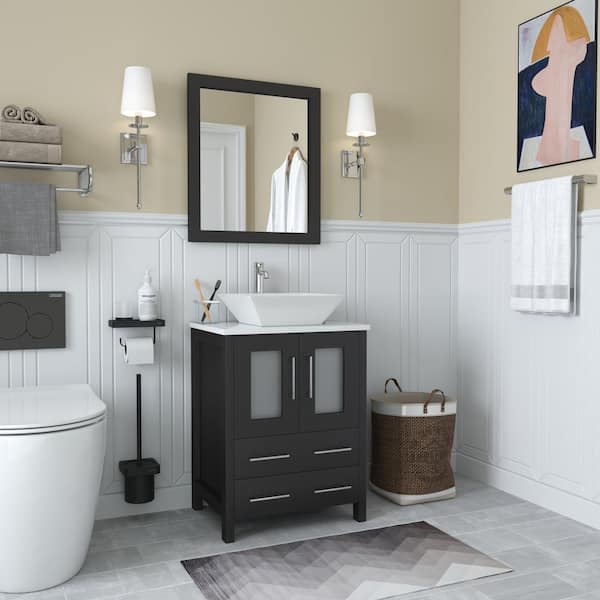 Ravenna 24 in. W Bathroom Vanity in Espresso with Single Basin in White Engineered Marble Top and Mirror