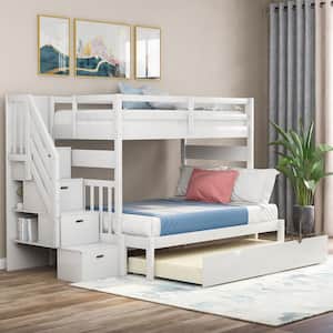 Solid Wood Full Stairway Bunk Bed with Twin Size Trundle and Reversible Staircase, Can be Divided into 2 Beds，White