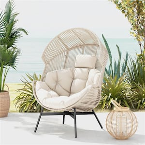 White Metal Outdoor Lounge Chair with Cushions and Headrest Heavy-Duty Metal Frame