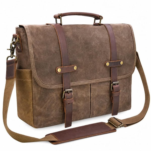Vintage Distressed Brown, Crazy Horse Leather and Canvas, Waterproof Messenger Bag with 15 in. Laptop Compartment
