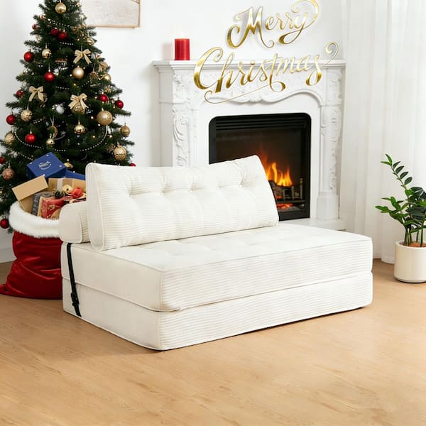 Hommpa 51.18 in. Folding White Corduroy Full Size Folding Sofa Bed