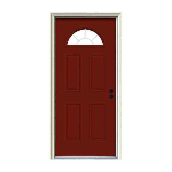 JELD-WEN 32 in. x 80 in. Fan Lite Mesa Red Painted Steel Prehung Left-Hand Inswing Front Door w/Brickmould