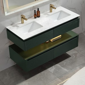 60 in. W x 20.7 in. D x 19.6 in. H Double Floating Sink Solid Oak Bath Vanity in Green with White Marble Top and Lights