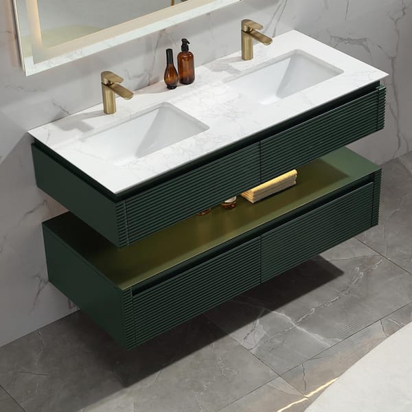 Lonni 60 in. W x 20.7 in. D x 19.6 in. H Double Floating Sink Solid Oak Bath Vanity in Green with White Marble Top and Lights