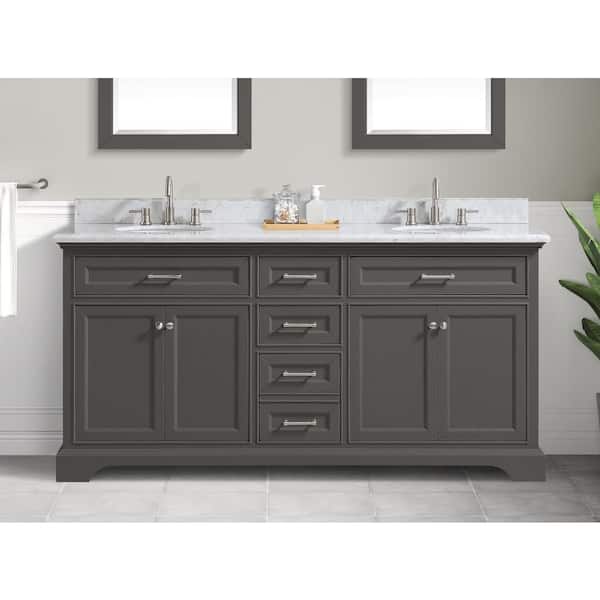 Home Decorators Collection Windlowe 73 in. W x 22 in. D x 35 in. H Freestanding Bath Vanity in Gray with Carrara White Marble Top