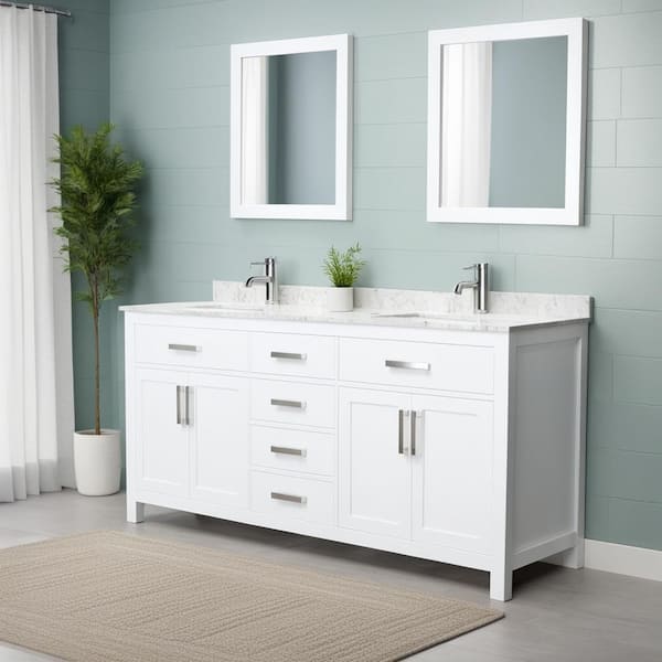 Wyndham Collection Beckett 72 in. W x 22 in. D Double Bath Vanity in White with Cultured Marble Vanity Top in Carrara with White Basins