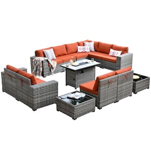 Tahoe Grey 13-Piece Wicker Wide Arm Outdoor Patio Conversation Sofa Set with a Fire Pit and Orange Red Cushions