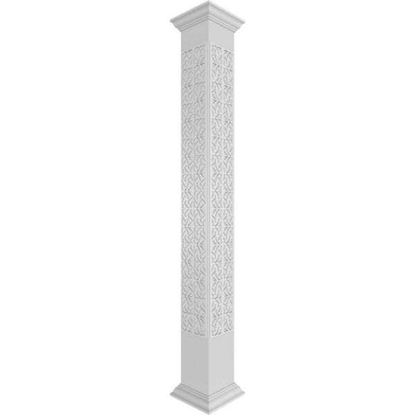 Ekena Millwork 7-5/8 in. x 8 ft. Premium Square Non-Tapered Paisley Fretwork PVC Column Wrap Kit with Crown Capital and Base
