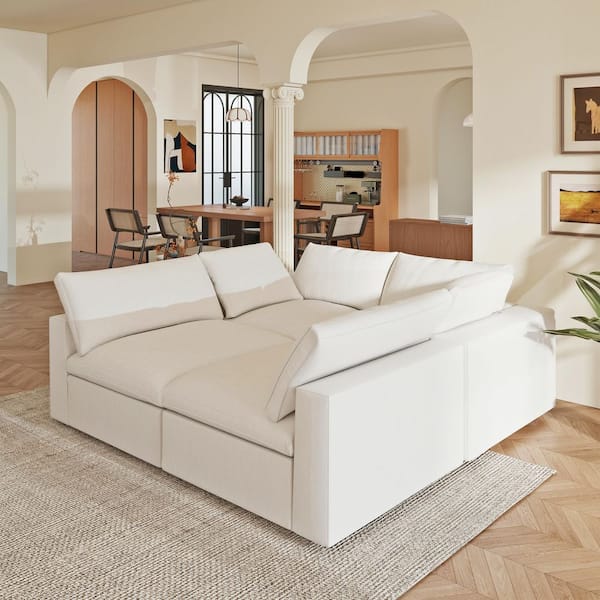 118 in. Square Arm 4-Piece Linen L-Shaped Sectional Sofa Corner Cloud Couch in White