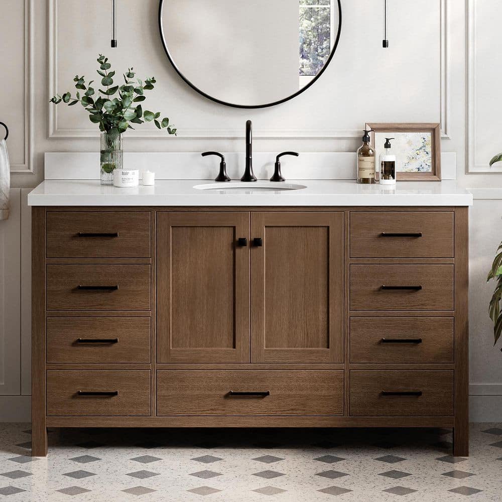 Cambridge 60 in. Single Sink Freestanding Bathroom Vanity in Brown Oak with Pure White Quartz Top price history on PriceWatchPro
