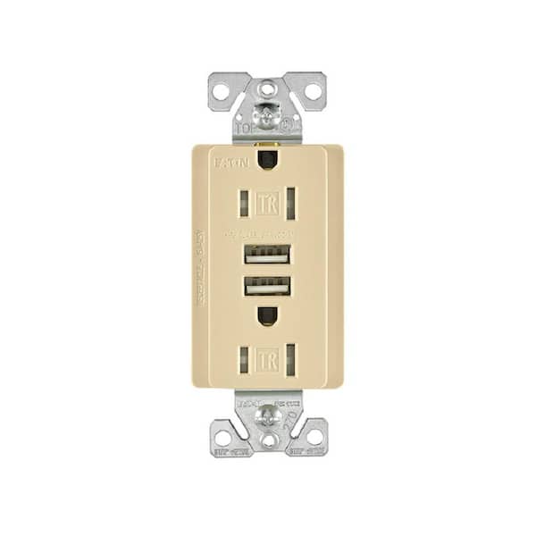 Eaton 15 Amp 125-Volt Combination Outlet and 2 USB 3.1 Amp Charger with Duplex Receptacle, Ivory