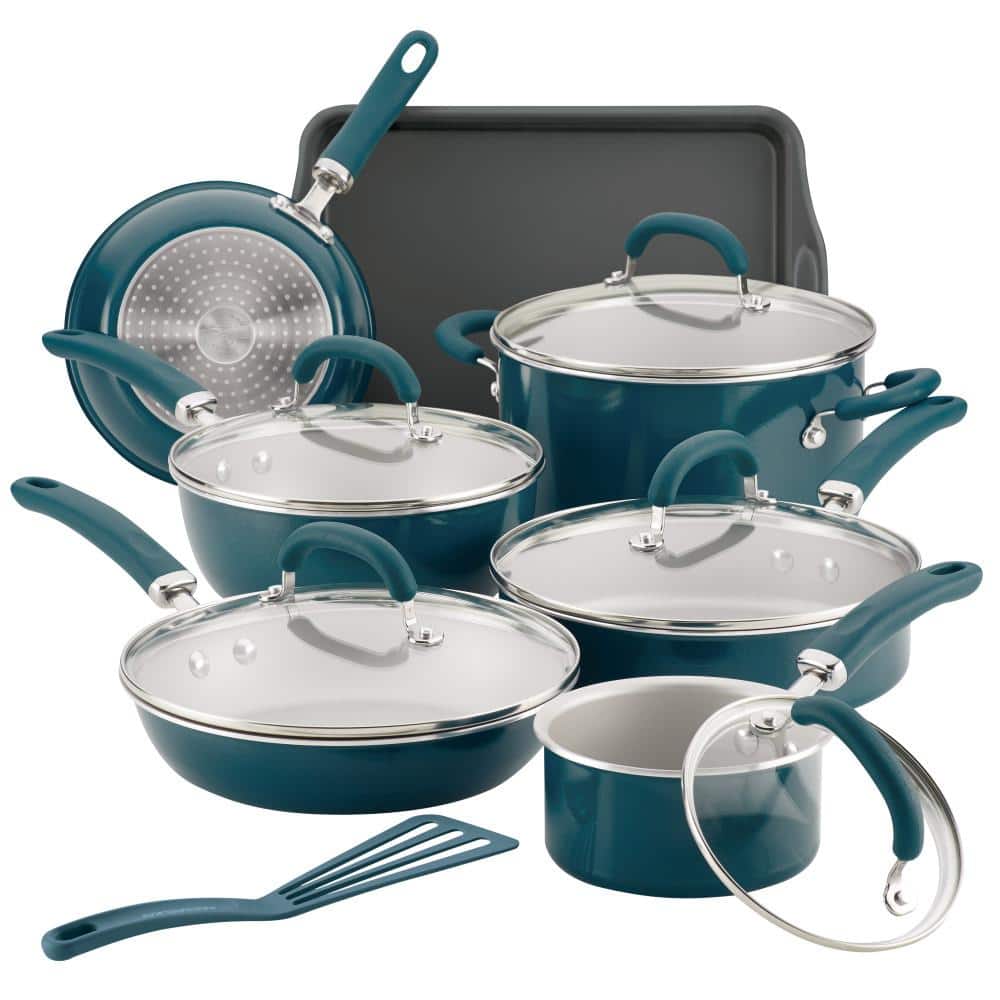 Blue + Green Pattern Enamel Cookware Set - 5 Pots + 3 Lids - Gil & Roy Props