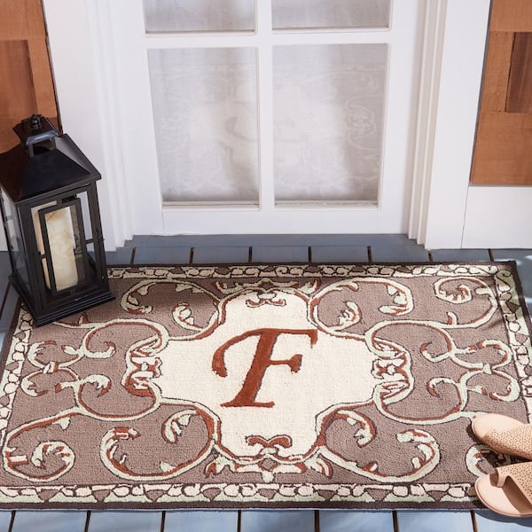 Monogram Mocha 3 ft. x 4 ft. "F" Ornate Floral Indoor/Outdoor Area Rug