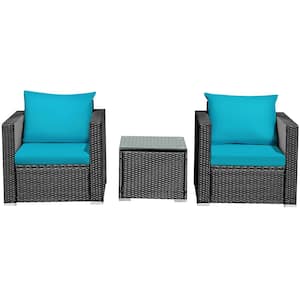 3-Piece Rattan Patio Conversation Furniture Set Outdoor with Turquoise Cushions
