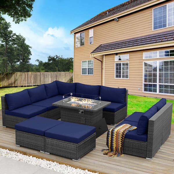 NICESOUL High-End 10 Piece Charcoal Wicker Patio Fire Pit Deep Sectional Seating Sofa Set with Navy Blue Cushions with Ottomans