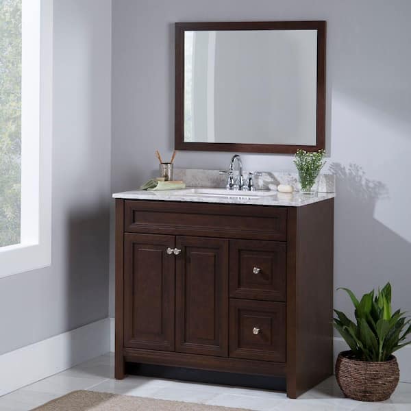 Home Decorators Collection Brinkhill 37 in. W x 39 in. H x 22 in. D Bathroom Vanity in Cognac with Stone Effects Vanity Top in Winter Mist