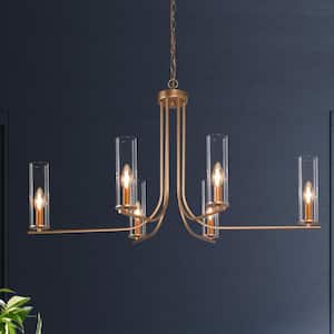 Modern Gold Chandelier 6-Light Contemporary Candlestick High Ceiling Light with Cylinder Clear Glass Shades