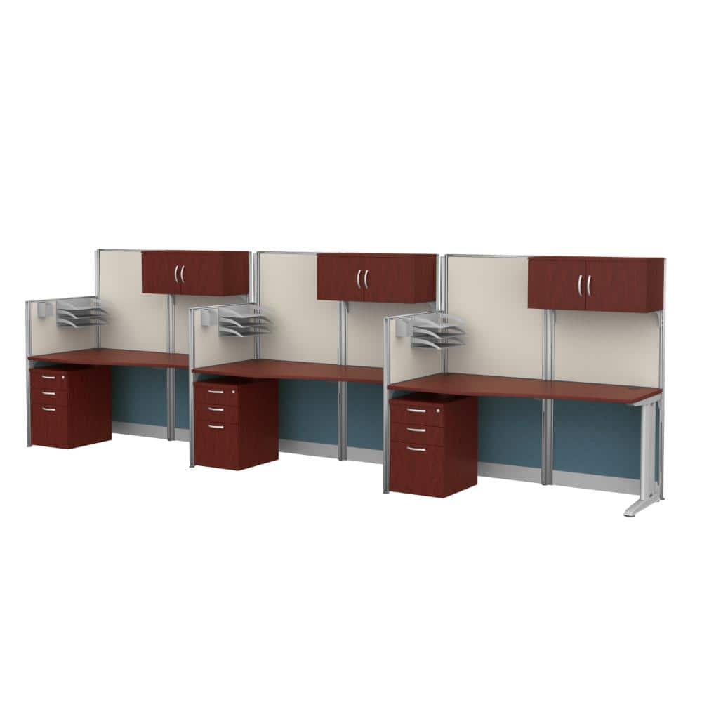 Instant Office 63"H x 129"W 3 Person In-Line Cubicle Panel Workstation w/ Storage, Hansen Cherry