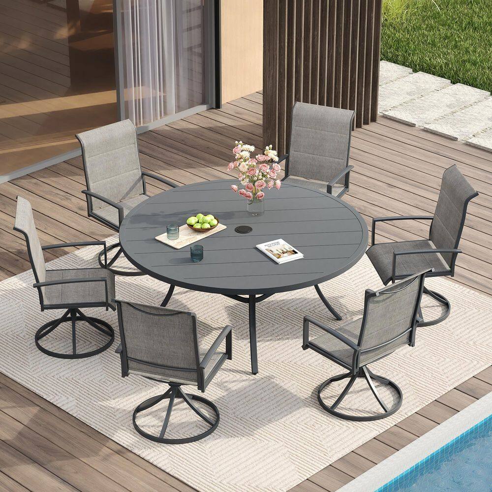 7-Piece Metal Outdoor Dining Set with 53 in. Gray Round Table and 6 Gray Swivel Dining Chairs for 6 Person price history on PriceWatchPro