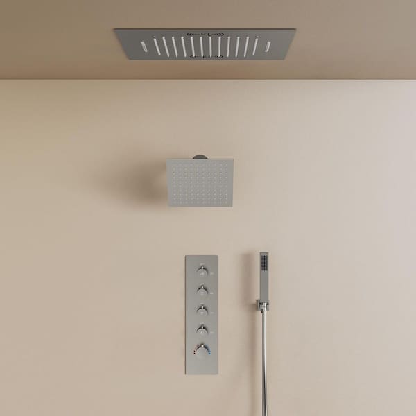 Aurora 20 in. Quintuple Handles 15-Spray Shower Faucet 2.5 GPM with LED Bluetooth Anti Scald Handheld in Brushed Nickel