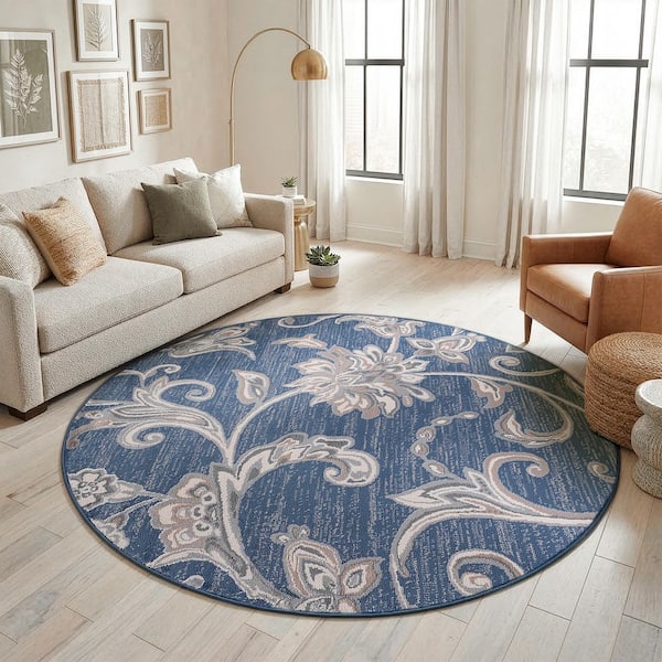 Madison Floral Navy 6 ft. Round Indoor Area Rug