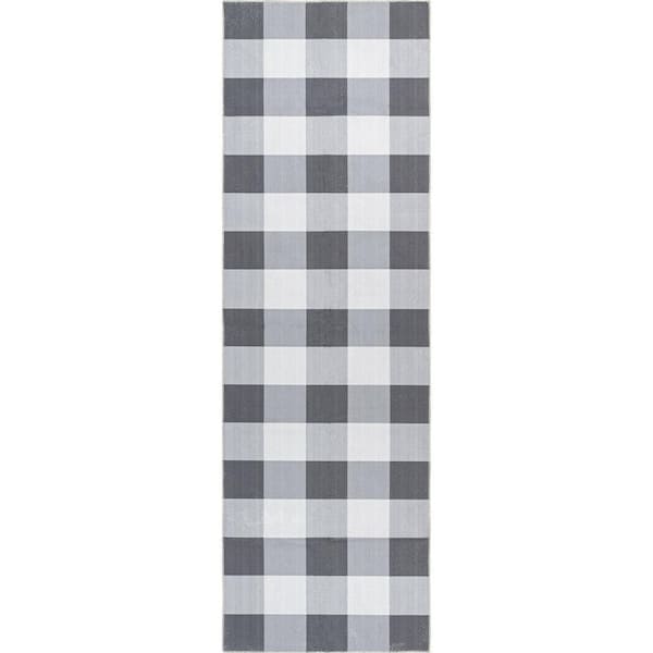 Lucy Grey 3 ft. x 8 ft. Machine Washable Farmhouse Buffalo Plaid Indoor Runner Rug