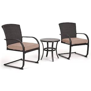 Full Iron 3-Piece Wicker Outdoor Patio Conversation Set Chatting Table and Chair with Detachable Beige Cushions