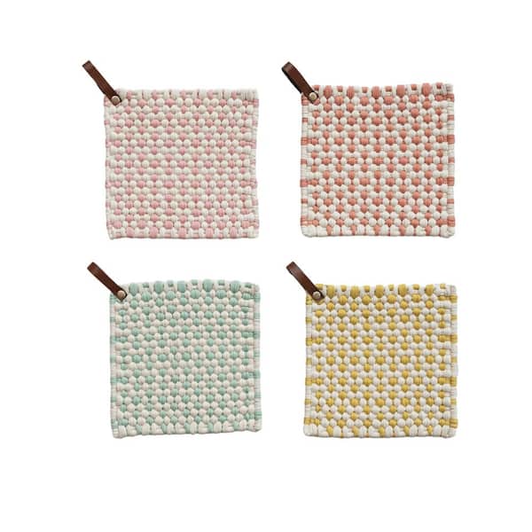 Storied Home Cotton Light Hue Crocheted Pot Holder with Leather Loop (4-Pack)