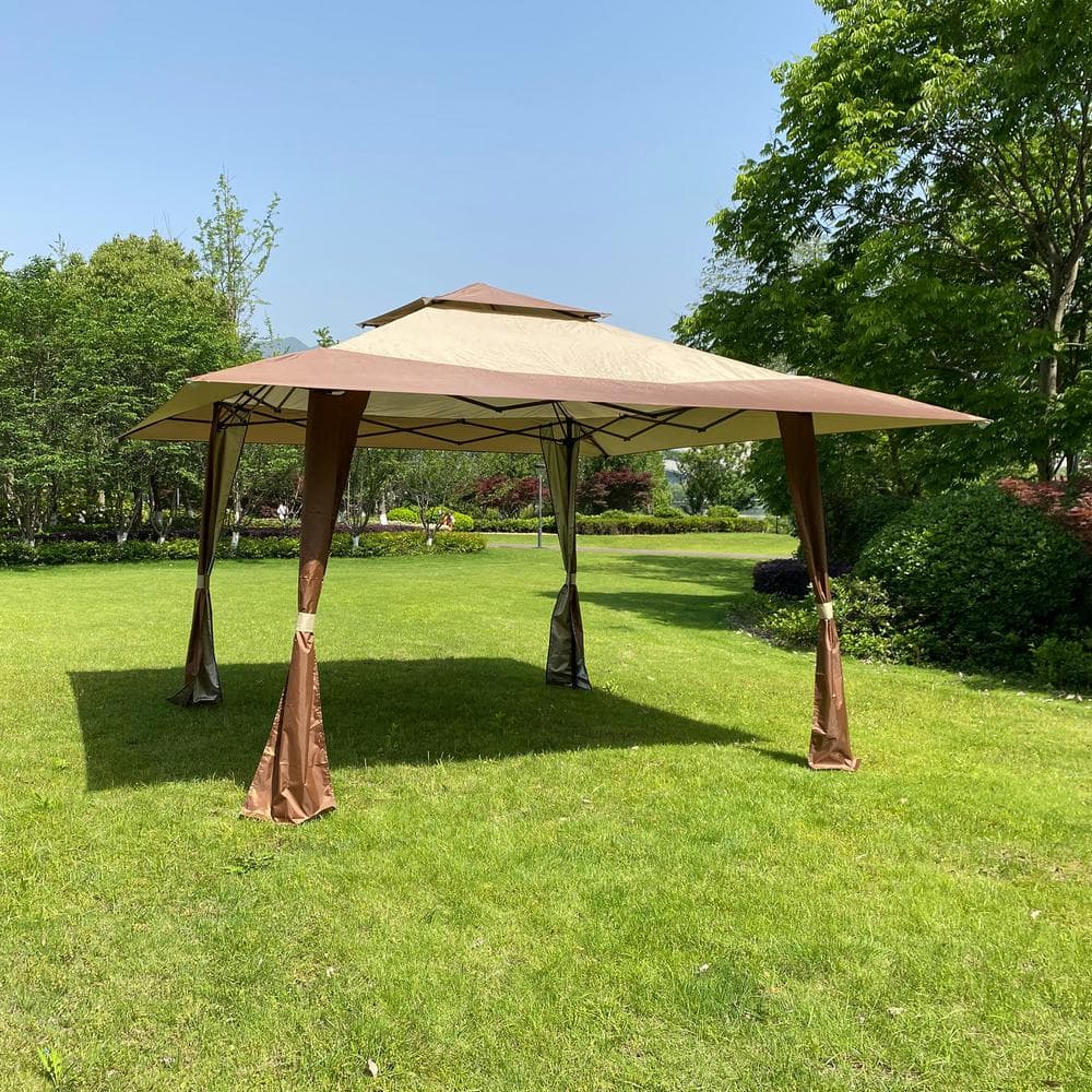 13 ft. x 13 ft. Coffee Patio Pop-up Gazebo Canopy Tent With Corner Curtain,