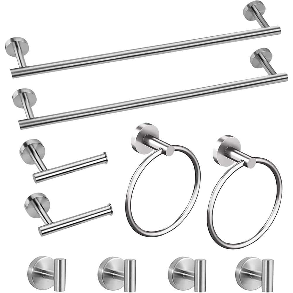 10-Pieces Stainless Steel Bath Hardware Set-24 in. Towel Bar, Ring, Robe, H