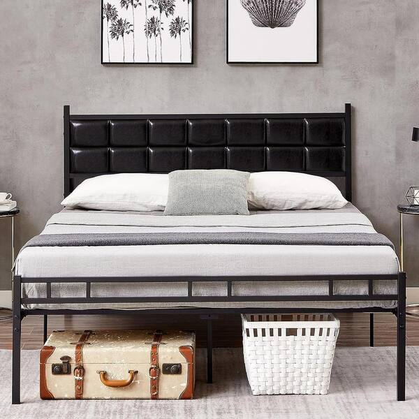 VECELO HeavyDuty Bed Frame Black Metal Frame Full Platform Bed with PU