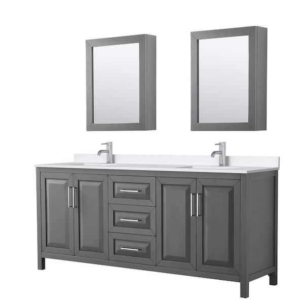 Wyndham Collection Daria 80 in. W x 22 in. D x 35.75 in. H Double Bath Vanity in Dark Gray with White Quartz Top and Mirrors