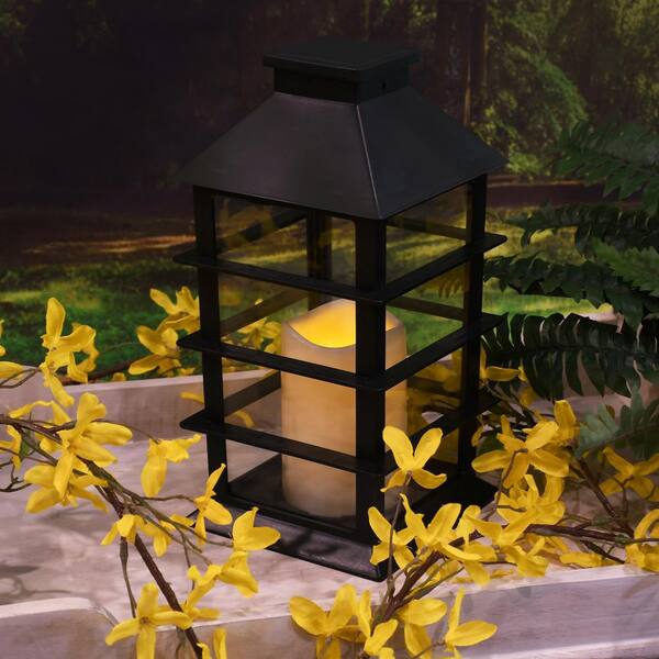 LUMABASE Horizontal Black Solar Powered Lantern with LED Candle