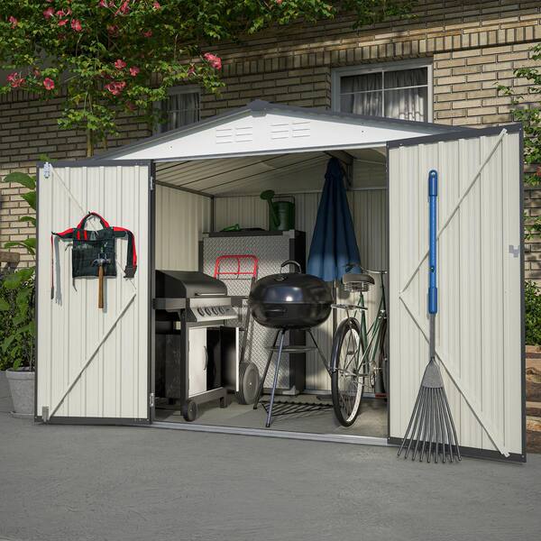 Unbranded - 8 ft. W x 6 ft. D White Outdoor Metal Storage Shed Garden Tools Room with Lockable Doors, Hooks and Vents (48 sq. ft.)