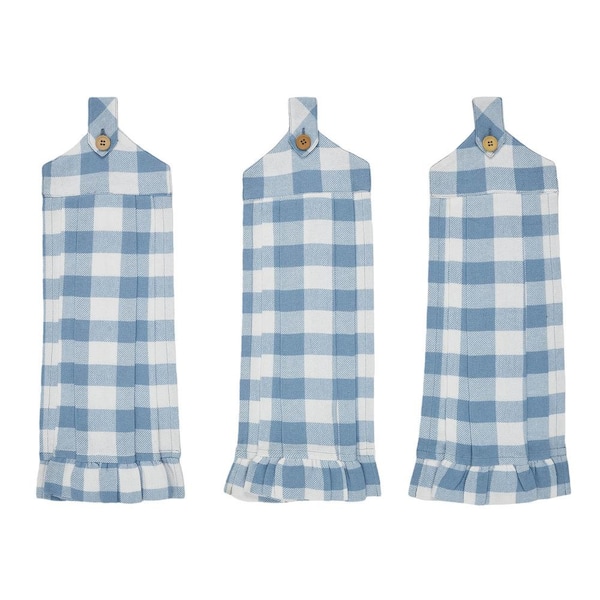 VHC Brands Annie Blue Buffalo Check Button Loop Cotton Blend Kitchen Tea Towel Set (Set of 3)