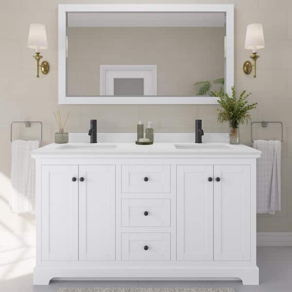 Wyndham Collection Avery 60 in. W x 22 in. D x 35 in. H Double Bath Vanity in White with White Cultured Marble Top