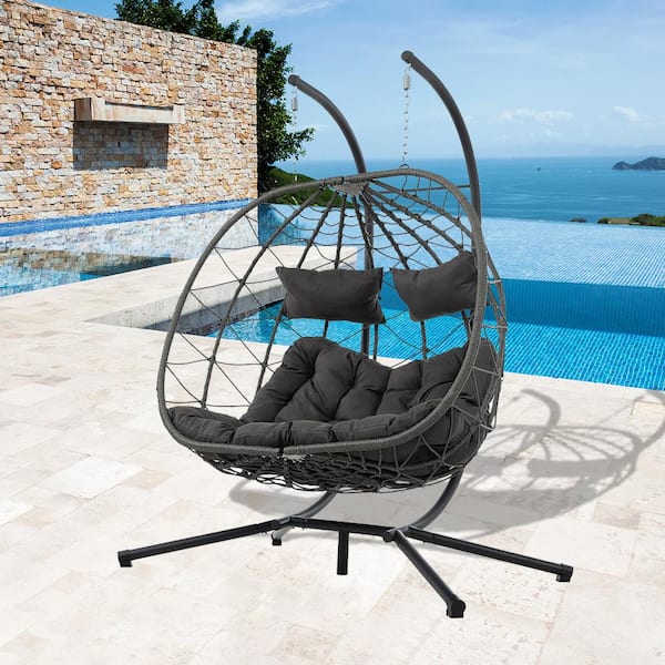 2-Person Wicker Porch Swing Egg Chair with Stand and Dark Gray Cushion ...