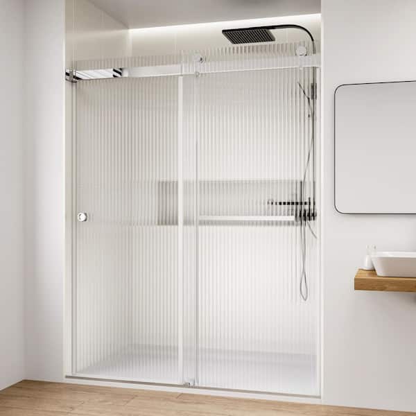 Fluted / Reeded Glass 72 in. W x 76 in. H Double Sliding Frameless Bath Shower Door in Chrome