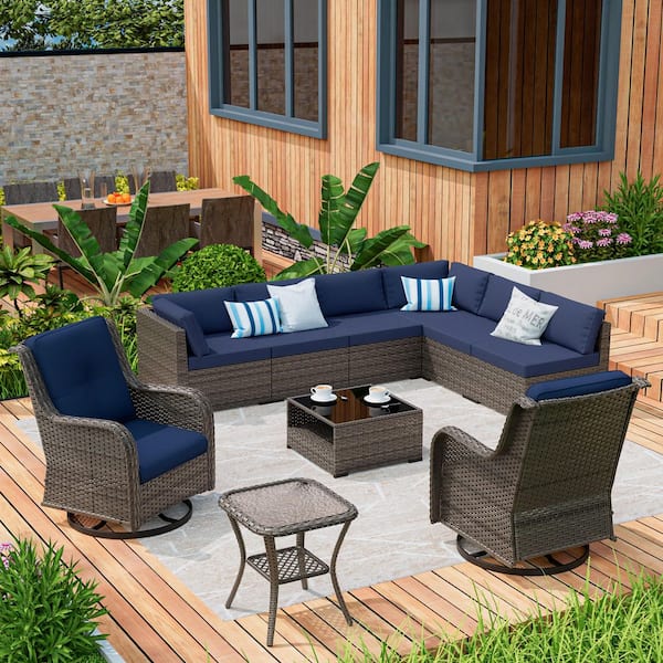 MeetLeisure 10-Piece Wicker Patio Conversation Set Sectional Seating with Blue Cushions and Swivel Chairs