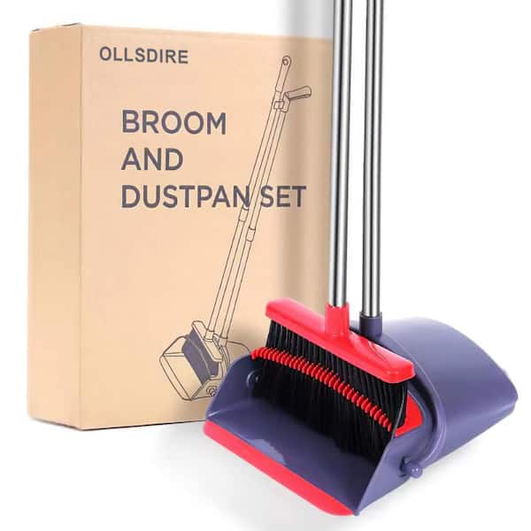 Large Broom and Dustpan, Broom and Dustpan Set, Heavy Duty Dust Pan with 55 inch Long Handle Upright Dustpan Broom Set, Broom for Indoor Outdoor