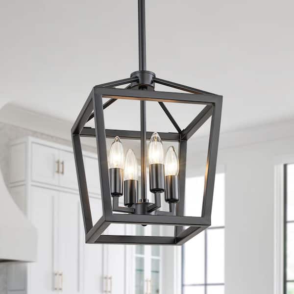 Modern Black 4-Light Geometric Pendant Light with Open Cage Design for Entryway, Kitchen Island or Dining Room