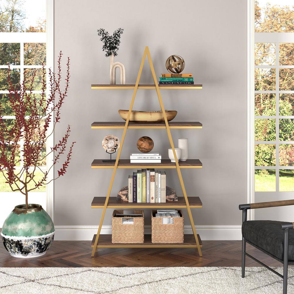 Aurum Ladder 68'' Gold and Walnut 5-Tier Bookshelf