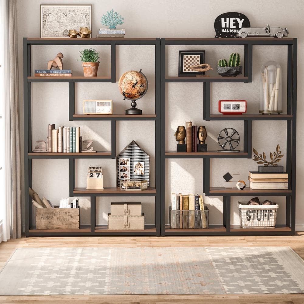 69" Walnut and Black Industrial 6-Tier Bookshelf with Staggered Shelves