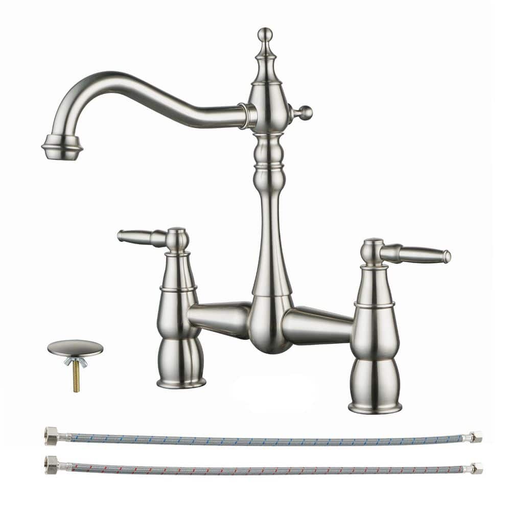 Deck Mounted Double Handle Bridge Kitchen Faucet, Bridge Basin Faucet with Hole Cover in Brushed Nickel price history on PriceWatchPro