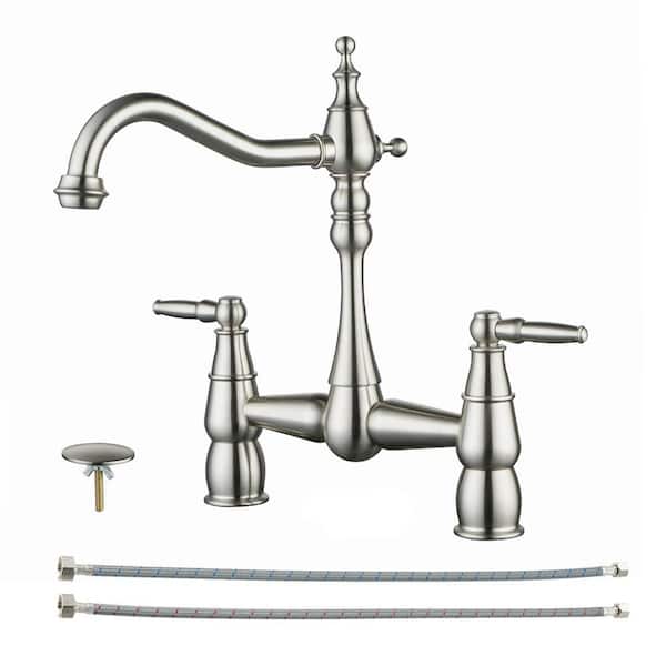 AVITAS Deck Mounted Double Handle Bridge Kitchen Faucet, Bridge Basin Faucet with Hole Cover in Brushed Nickel