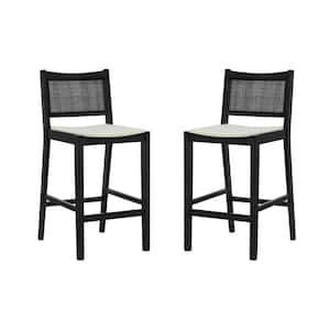 Lewis 29.25 in. Black Cane Low Back Wood Bar Stool with Fabric Seat Set of 2