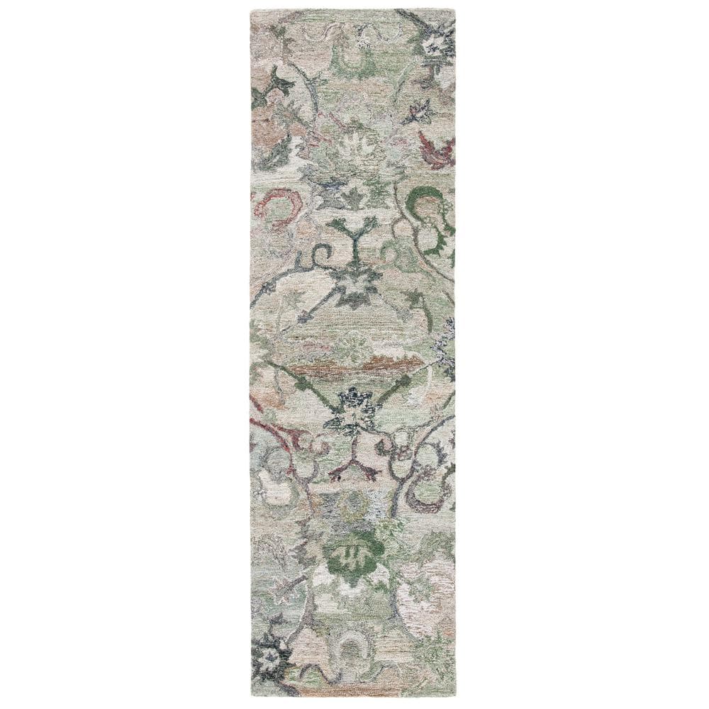 Hand-Tufted Sage and Beige Floral Wool Runner Rug