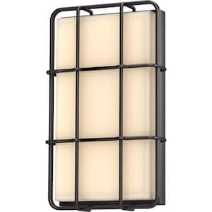 1-Light Antique Bronze Integrated LED Outdoor/Indoor Wall Mount Lantern Sconce with Caged White Glass
